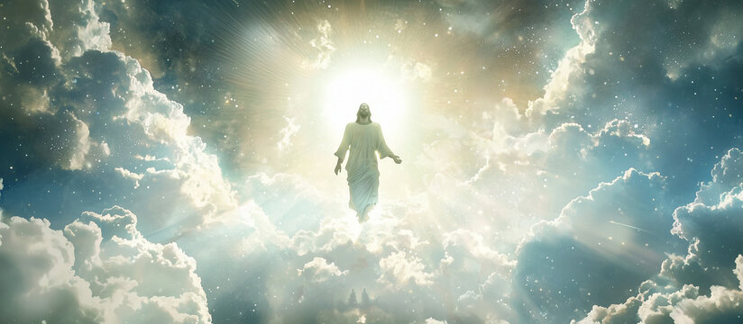 Depiction of the second coming of Christ, featuring a man in a bright sky radiating divine light