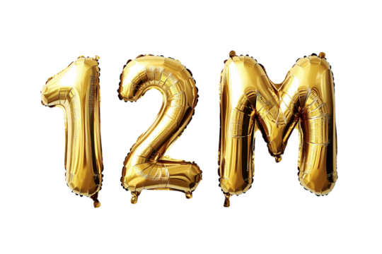 12M numbers made with golden foil balloon, isolated on transparent background, can be used for socail media celebrations, youtube subscribers, Instagram followers, facebook likes/followers.