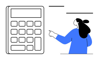 Person in blue pointing towards a large calculator, suggesting focus on calculating or financial tasks. Ideal for education, finance, budgeting, accounting, and business planning. Simple line art