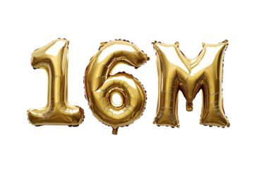 16M numbers made with golden foil balloon, isolated on transparent background, can be used for socail media celebrations, youtube subscribers, Instagram followers, facebook likes/followers.