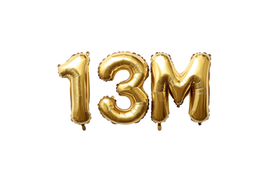 13M numbers made with golden foil balloon, isolated on transparent background, can be used for socail media celebrations, youtube subscribers, Instagram followers, facebook likes/followers.