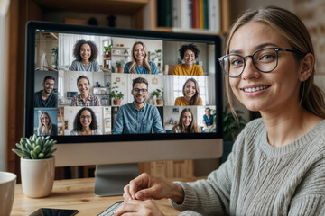 Portrait of happy beautiful young woman student is sitting in front of a computer monitor with a group of people on the screen. She is smiling and she is enjoying the video call