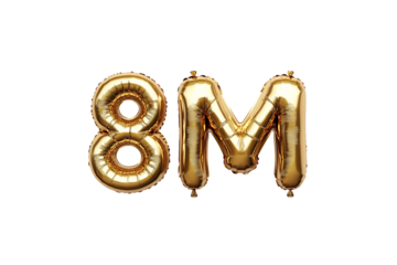 8M numbers made with golden foil balloon, isolated on transparent background, can be used for socail media celebrations, youtube subscribers, Instagram followers, facebook likes/followers. Web Social