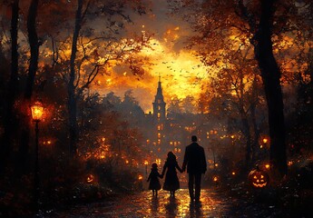 Fototapeta premium Two People Holding Hands and Walking Through a Forest with Pumpkins.