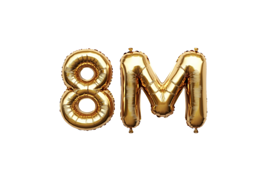 8M numbers made with golden foil balloon, isolated on transparent background, can be used for socail media celebrations, youtube subscribers, Instagram followers, facebook likes/followers. Web Social