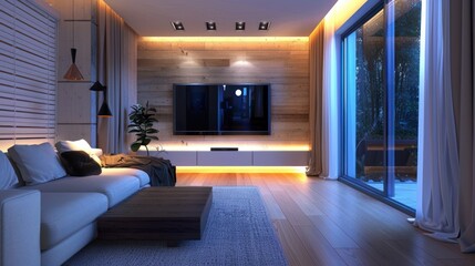 Modern living room with a wooden wall, a large flat-screen television, and a comfortable sofa.