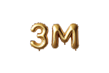3M numbers made with golden foil balloon, isolated on transparent background, can be used for socail media celebrations, youtube subscribers, Instagram followers, facebook likes/followers. Web Social