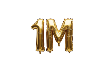 1M numbers made with golden foil balloon, isolated on transparent background, can be used for socail media celebrations, youtube subscribers, Instagram followers, facebook likes/followers. Web Social