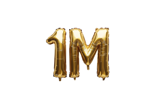 1M numbers made with golden foil balloon, isolated on transparent background, can be used for socail media celebrations, youtube subscribers, Instagram followers, facebook likes/followers. Web Social - Powered by Adobe