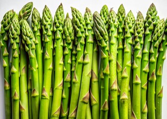 Fototapeta premium Fresh Green Asparagus Stalks on White Background - Healthy Vegetables, Organic Produce, Culinary Ingredients, Green Asparagus, Food Photography, Freshness, Farm-to-Table