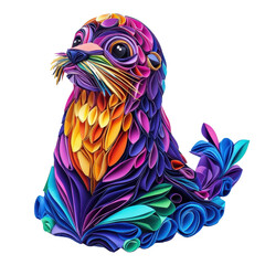 Obraz premium A multicolored paper art sea lion, isolate on white background, showcasing creative textures and hues. cutout png