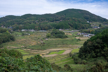 日本の岡山県久米郡美咲町の美しい大垪和西の棚田