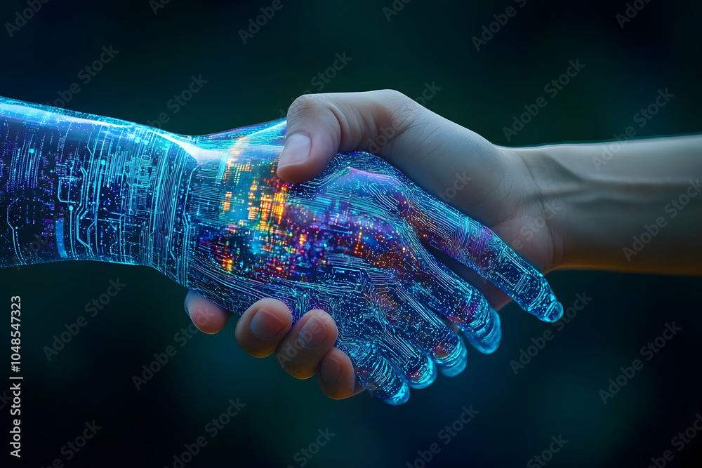Wall mural hand shaking between human and digital hand, integration between human and artificial intelligence.