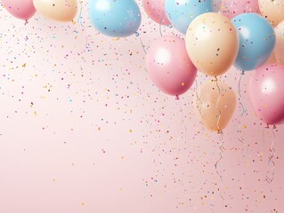 Colorful Balloons and Confetti Falling on Pink Background - Festive Party Decoration