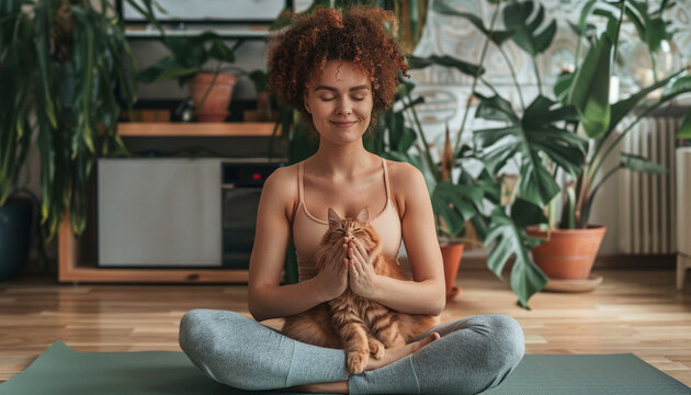 Beautiful woman with a cute ginger cat doing yoga on the mat at home, illustration.