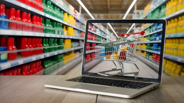 Shopping Convenience: A Laptop Displaying an Online Grocery Store with a Shopping Cart Against a Colorful Aisle of Products, Showcasing the Future of Retail and E-Commerce