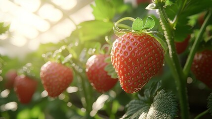 Fresh Strawberries Growing in Greenhouse Garden