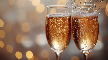 Two elegant champagne flutes clink together in celebration, perfect for New Year's, weddings, or any joyful event. Ample space for text integration.