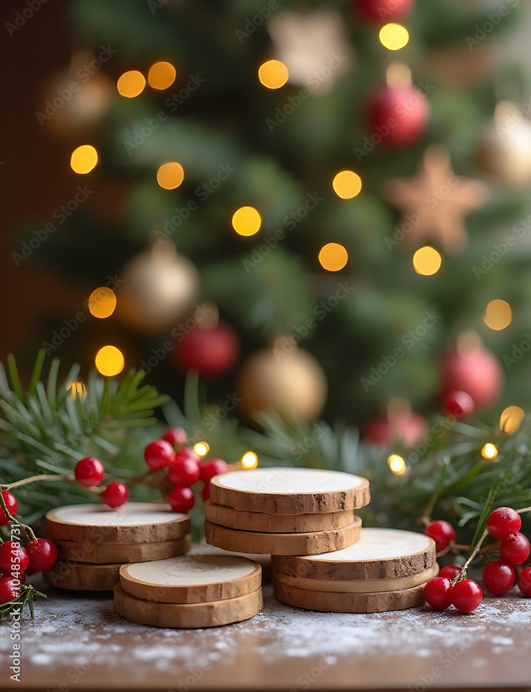Poster wooden table stands on christmas scene with empty space around it.