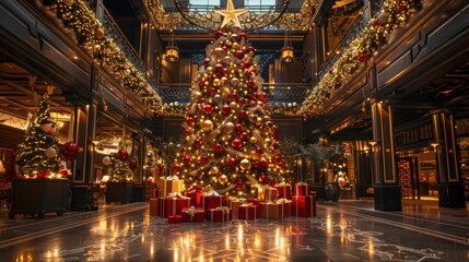 Obraz premium A large Christmas tree decorated with gold and red ornaments stands in a grand lobby, surrounded by presents.