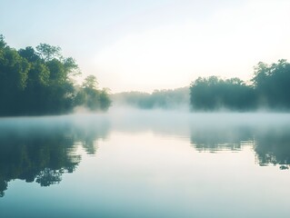 Fototapeta premium Serene Morning Mist Over Tranquil Lake Water