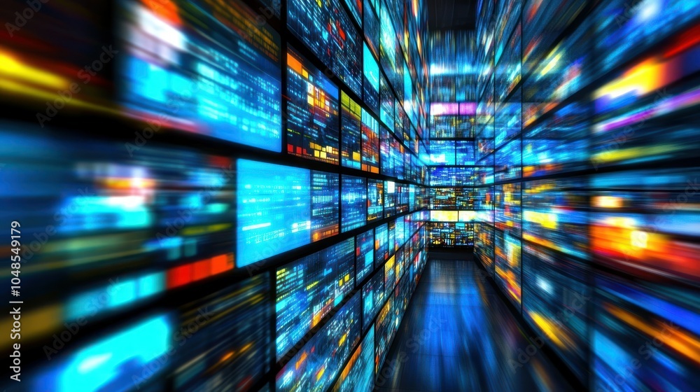 Aufkleber A digital tunnel of glowing screens with abstract data and information