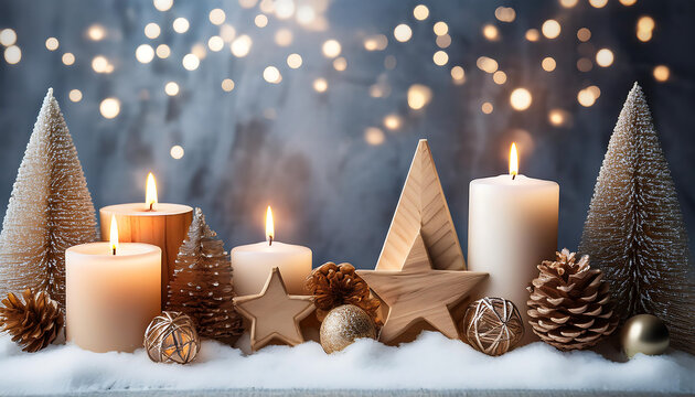 Wooden Christmas decorations and candles on a snowy background create a cozy atmosphere per_1(688)