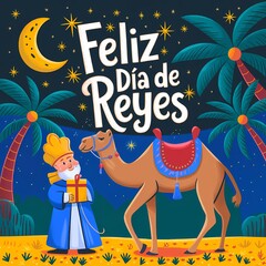 Feliz Dia de Reyes Celebration with Three Kings and Colorful Gifts