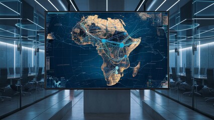 High-tech conference room with Africa map and data overlays
