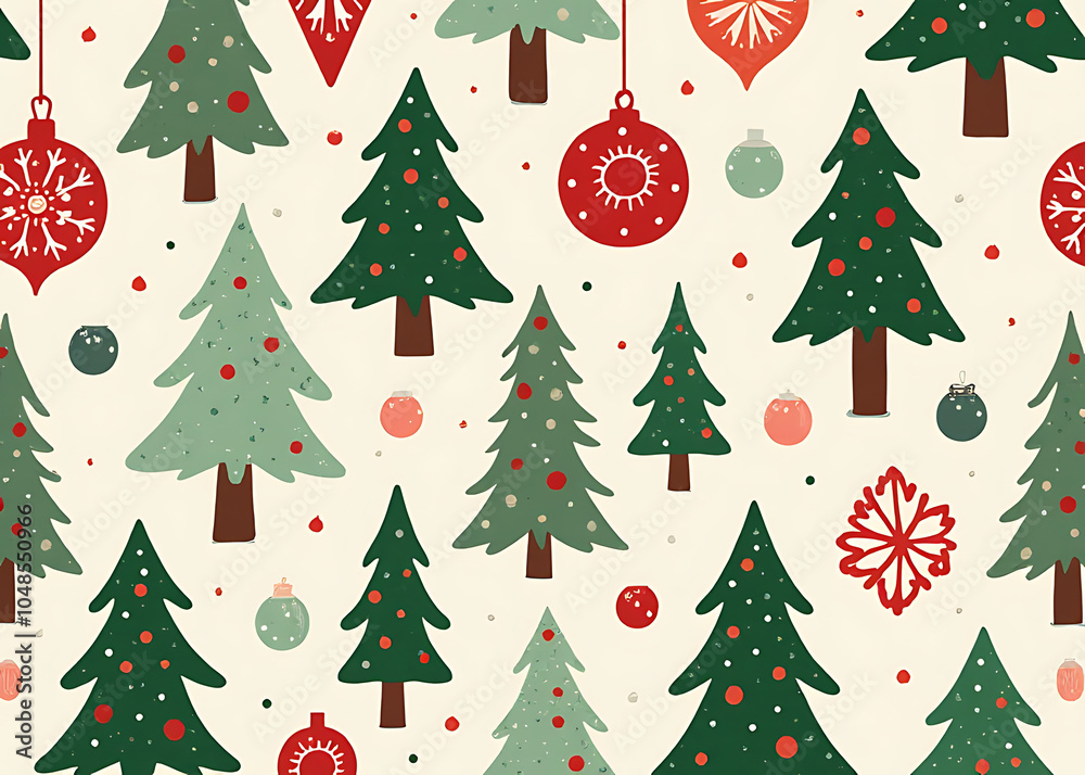 Poster Winter holiday decorations often feature repeating patterns of evergreen trees and snowflake ornaments in a colorful background design.