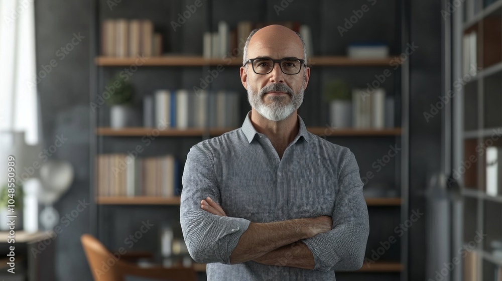 Leinwandbilder a man in a shirt with a pattern on it stands in front of a bookshelf