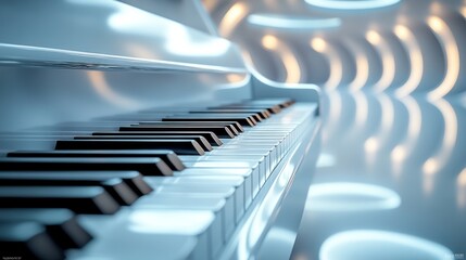 A white grand piano with black keys sits in a futuristic, white room with soft, glowing lights.