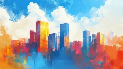 Fototapeta premium Vibrant Abstract Cityscape with Colorful Skyscrapers Against a Blue Sky