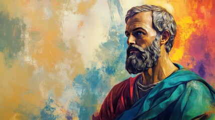 Obraz premium Portrait of a Philosophical Figure Against a Colorful Abstract Background