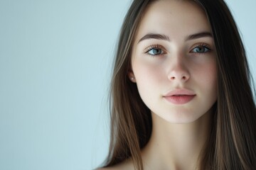 Fototapeta premium Close-up Portrait of a Young Woman with Long Brown Hair
