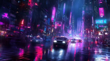 Obraz premium Neon Cityscape at Night with Rain-soaked Streets