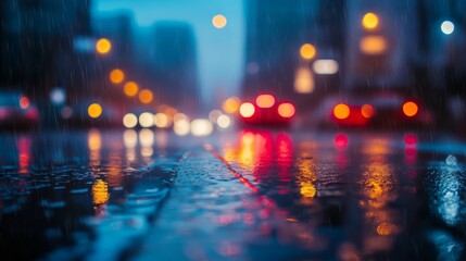 City Street at Night in Rain with Blurred Traffic Lights and Reflections