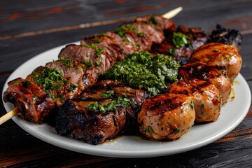 Fototapeta premium A skewer of churrasco, featuring a variety of grilled meats such as beef, chicken, and sausage, served with chimichurri sauce
