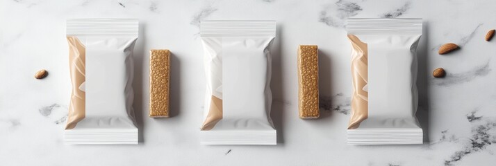 Minimalist snack bar packaging mock-up, paper texture, set of three, transparent background, ideal for branding and design presentations