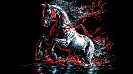 illustration of A running white horse, Action shot,fine fur, hair fluttering in the wind, shimmering river, black background, artwork wallpaper