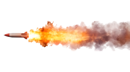 Missile rocket launch with fire and smoke trail, isolated on white background