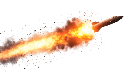 Missile rocket launch with fire and smoke trail, isolated on white background