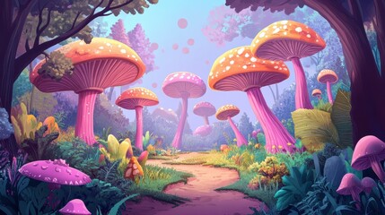 Magical Forest Path with Giant Colorful Mushrooms and Lush Foliage - Fantasy Illustration.