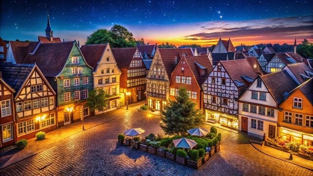 Aerial Night Panorama of Half-Timbered Houses at Paradeplatz Rendsburg