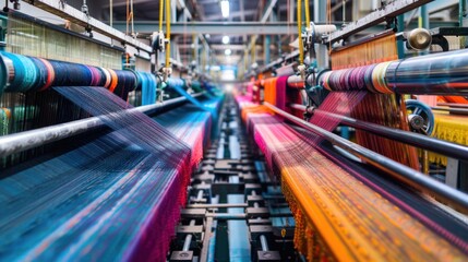 Naklejka premium Close-Up of Industrial Weaving Machine with Colorful Threads