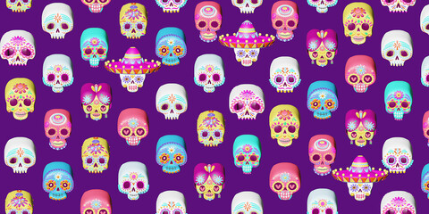 Mexican skull design pattern, Mexico culture tourism landmark latin and party theme 3d illustration.