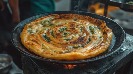 A traditional Thai sweet roti frying on a hot pan, with butter sizzling, showcasing the crispy, golden-brown texture of the street food favorite.