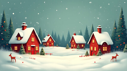 Vintage Christmas village scene features snow in 3D illustration for a festive holiday card design.