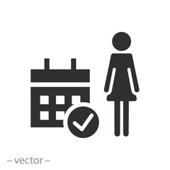 check day schedule, woman calendar period, icon, date time cycle, flat vector illustration