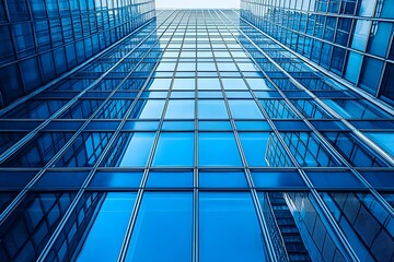 Obraz premium Looking up at modern glass buildings in a vibrant urban setting